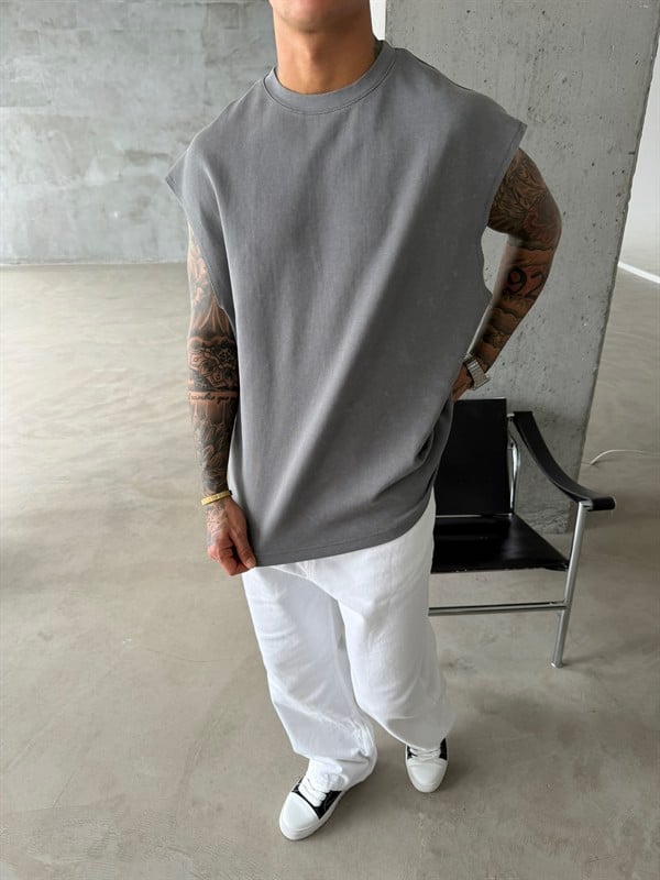 Premium Acid  Yıkamalı Sıfır Kol T-Shirt - Gri