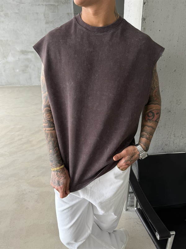 Premium Acid  Yıkamalı Sıfır Kol T-Shirt - Kahve