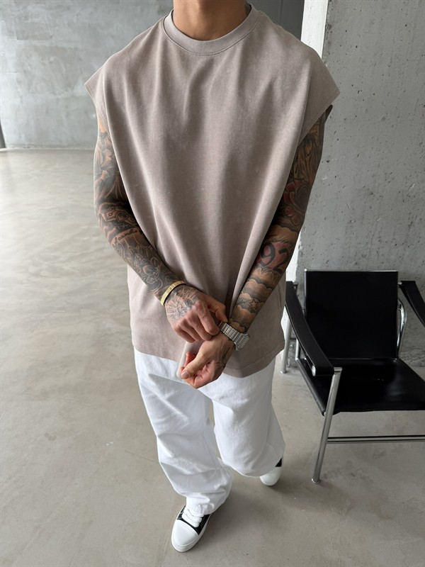 Premium Acid  Yıkamalı Sıfır Kol T-Shirt - Taş