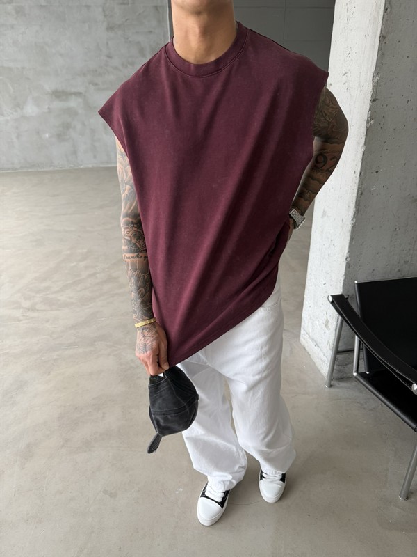 Premium Acid  Yıkamalı Sıfır Kol T-Shirt - Bordo