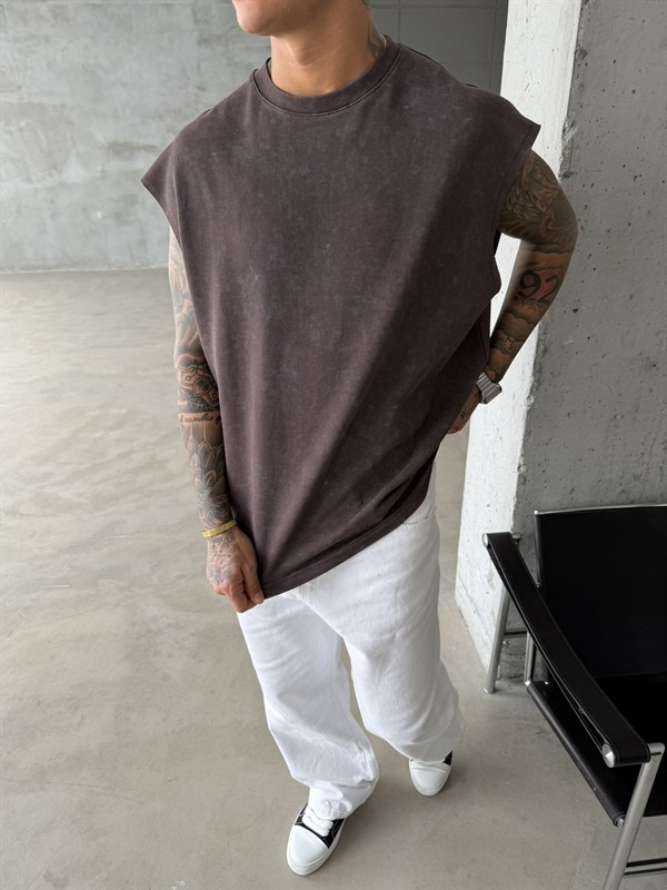 Premium Acid  Yıkamalı Sıfır Kol T-Shirt - Kahve