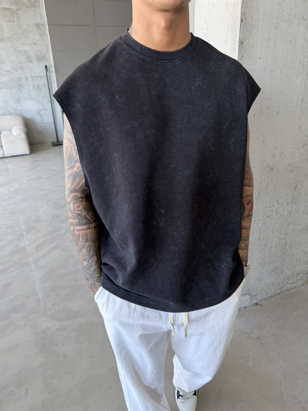 Premium Acid  Yıkamalı Sıfır Kol T-Shirt - Siyah