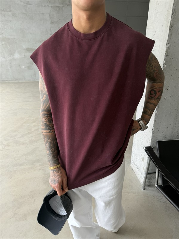 Premium Acid  Yıkamalı Sıfır Kol T-Shirt - Bordo