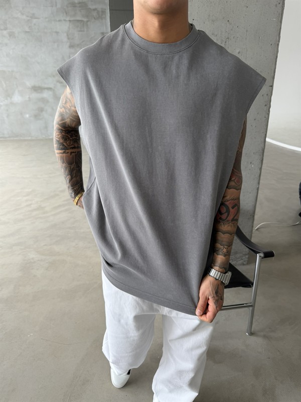 Premium Acid  Yıkamalı Sıfır Kol T-Shirt - Gri