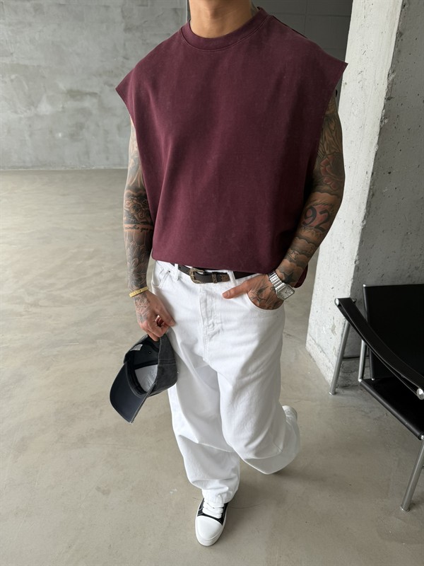 Premium Acid  Yıkamalı Sıfır Kol T-Shirt - Bordo