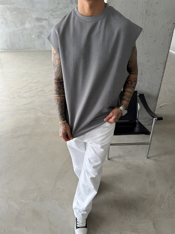 Premium Acid  Yıkamalı Sıfır Kol T-Shirt - Gri