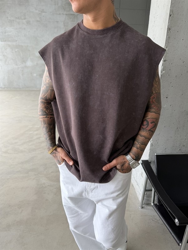 Premium Acid  Yıkamalı Sıfır Kol T-Shirt - Kahve