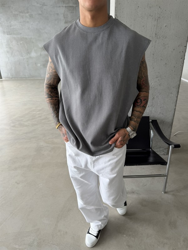 Premium Acid  Yıkamalı Sıfır Kol T-Shirt - Gri