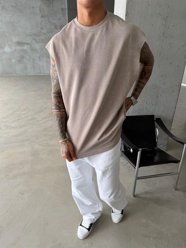 Premium Acid  Yıkamalı Sıfır Kol T-Shirt - Taş