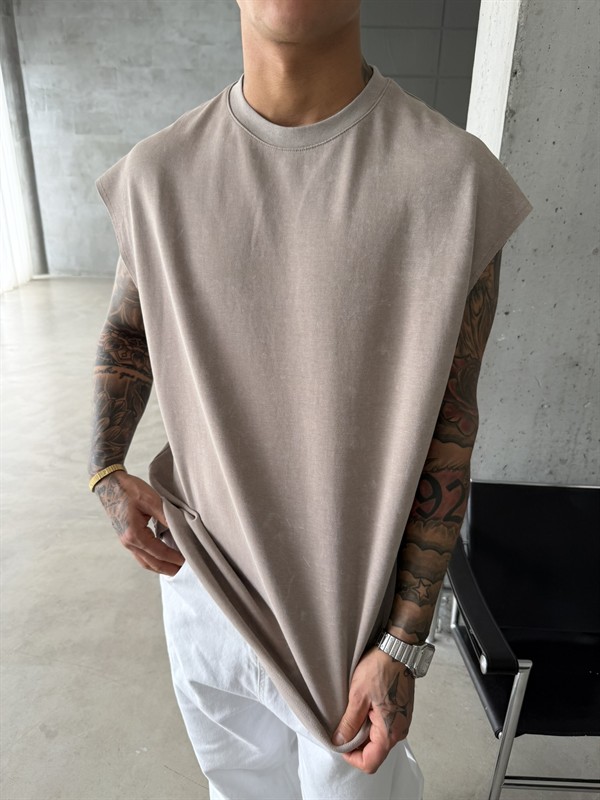 Premium Acid  Yıkamalı Sıfır Kol T-Shirt - Taş