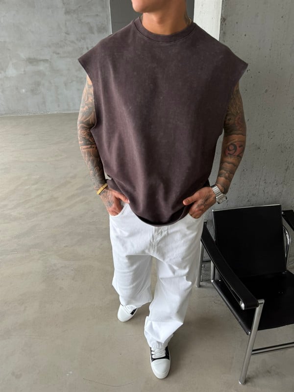 Premium Acid  Yıkamalı Sıfır Kol T-Shirt - Kahve