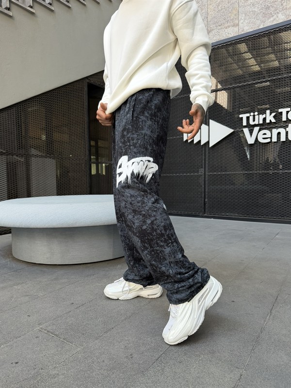 Premium Baskı Acid Yıkama Baggy Eşofman - Siyah