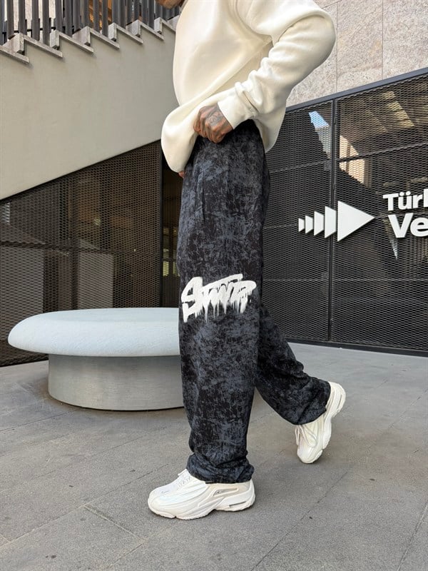 Premium Baskı Acid Yıkama Baggy Eşofman - Siyah