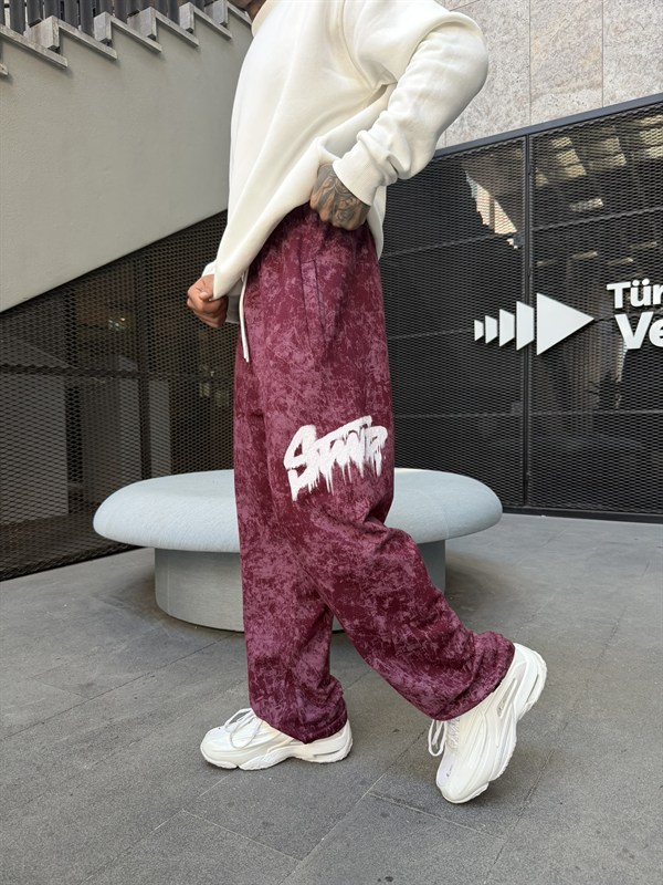 Premium Baskı Acid Yıkama Baggy Eşofman - Bordo