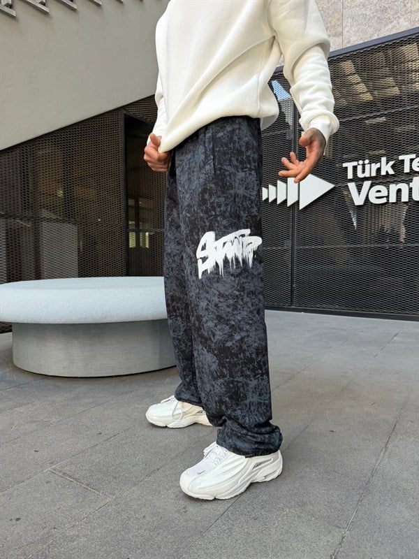 Premium Baskı Acid Yıkama Baggy Eşofman - Siyah