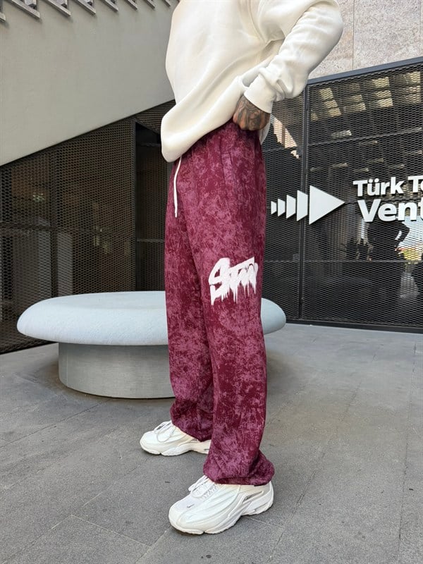 Premium Baskı Acid Yıkama Baggy Eşofman - Bordo