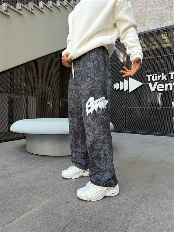 Premium Baskı Acid Yıkama Baggy Eşofman - Füme