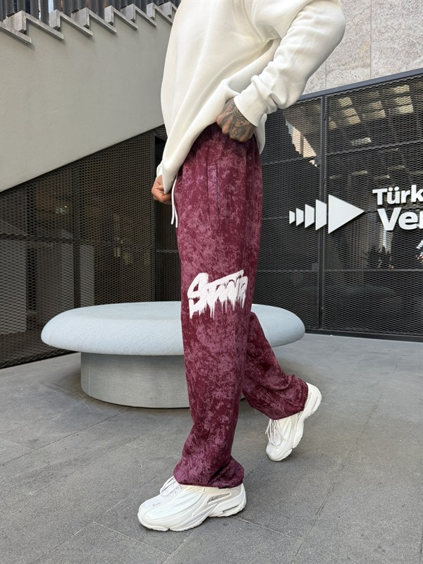 Premium Baskı Acid Yıkama Baggy Eşofman - Bordo