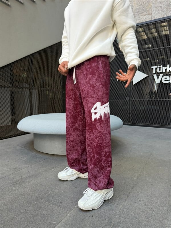 Premium Baskı Acid Yıkama Baggy Eşofman - Bordo