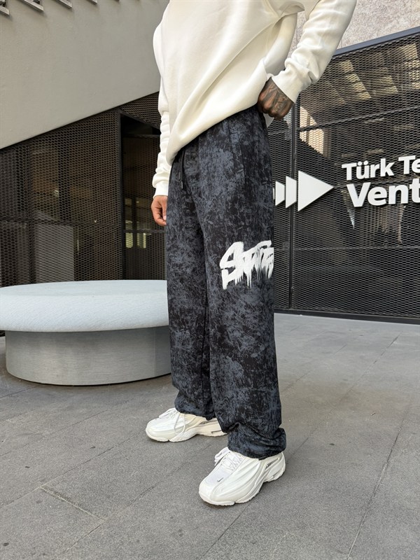 Premium Baskı Acid Yıkama Baggy Eşofman - Siyah