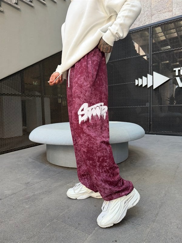 Premium Baskı Acid Yıkama Baggy Eşofman - Bordo