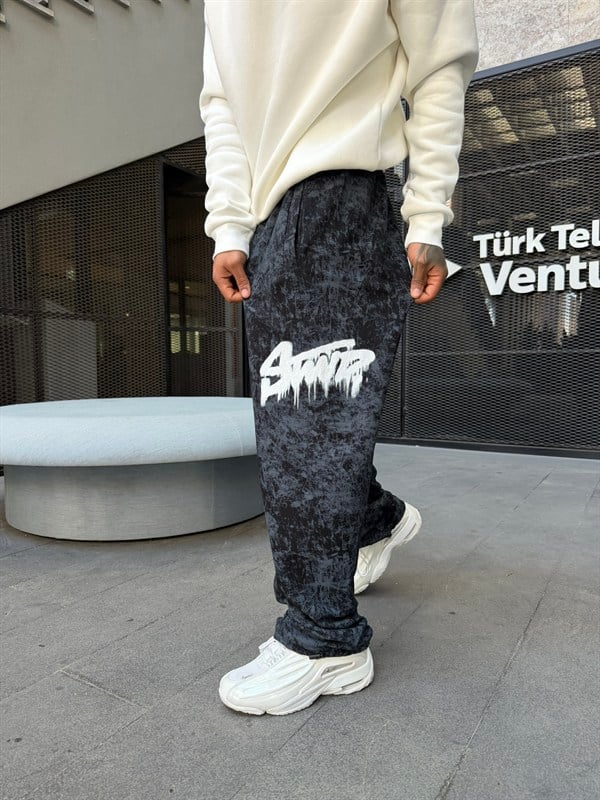 Premium Baskı Acid Yıkama Baggy Eşofman - Siyah