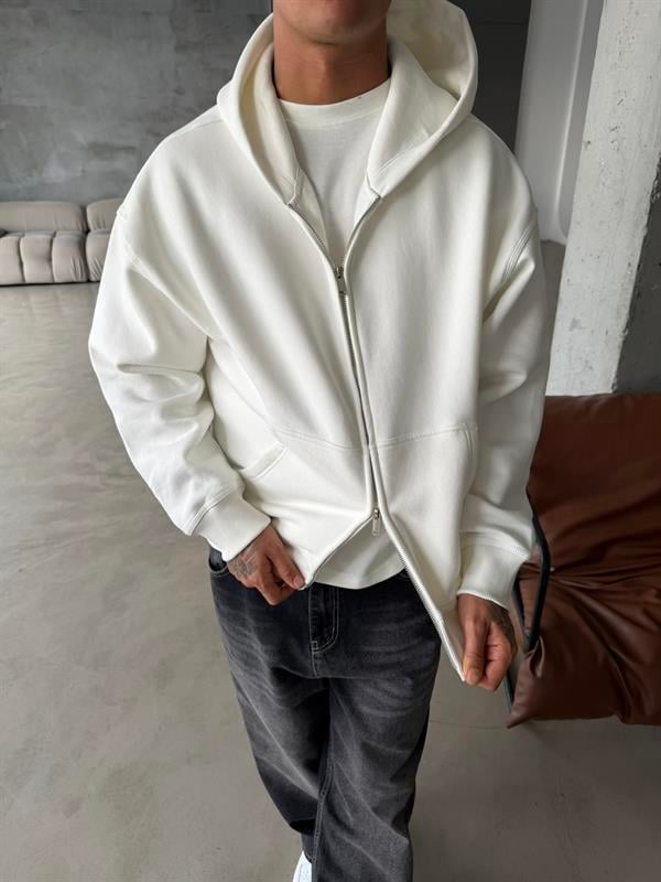 Premium Cift Fermuar Zip Hırka -  Beyaz