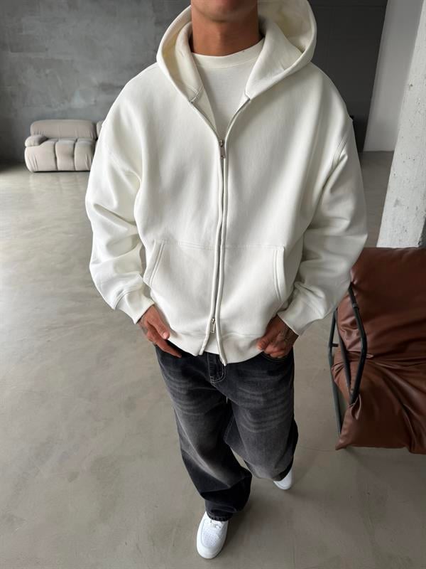 Premium Cift Fermuar Zip Hırka -  Beyaz