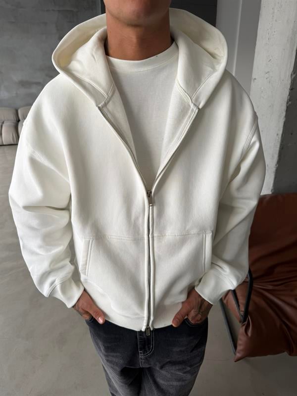 Premium Cift Fermuar Zip Hırka -  Beyaz