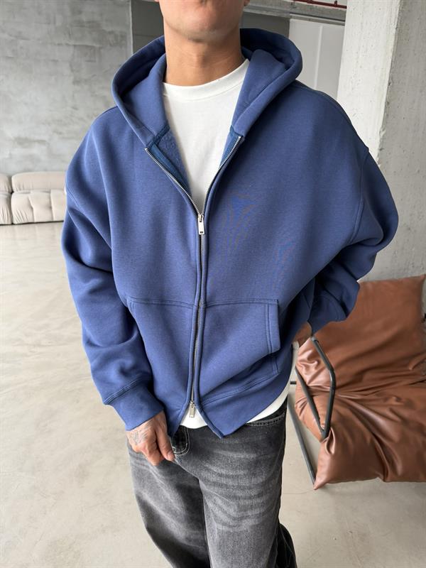 Premium Cift Fermuar Zip Hırka -  İndigo