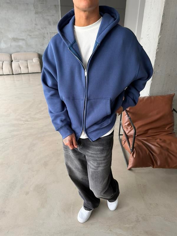 Premium Cift Fermuar Zip Hırka -  İndigo
