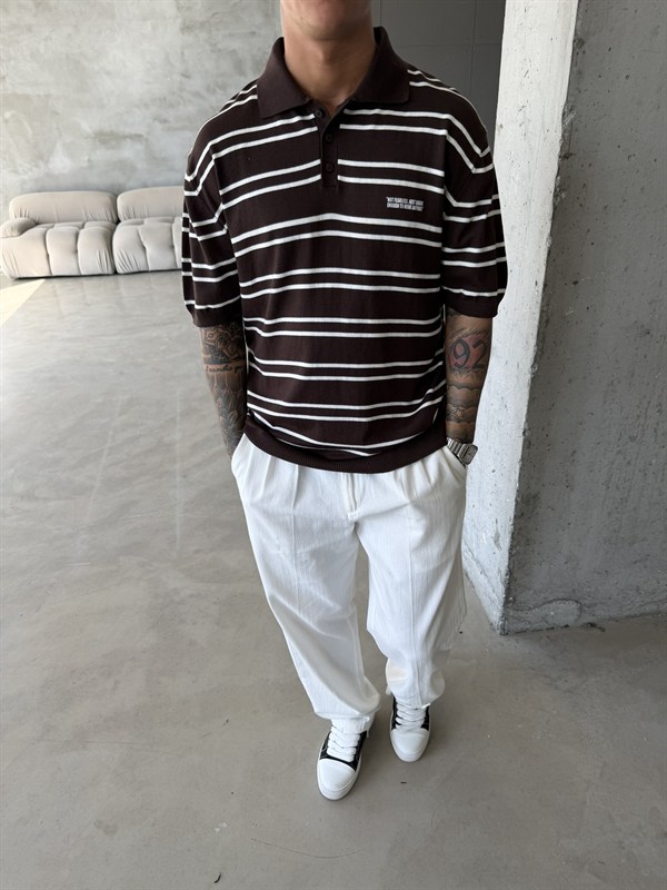 Premium Cizgili  Düğmeli Yaka T-Shirt - Kahve