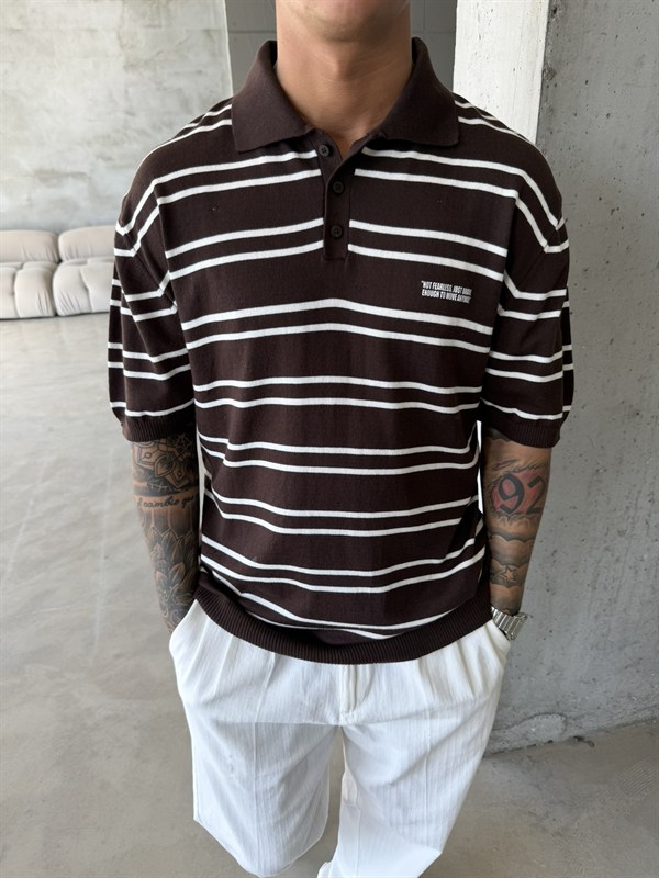 Premium Cizgili  Düğmeli Yaka T-Shirt - Kahve