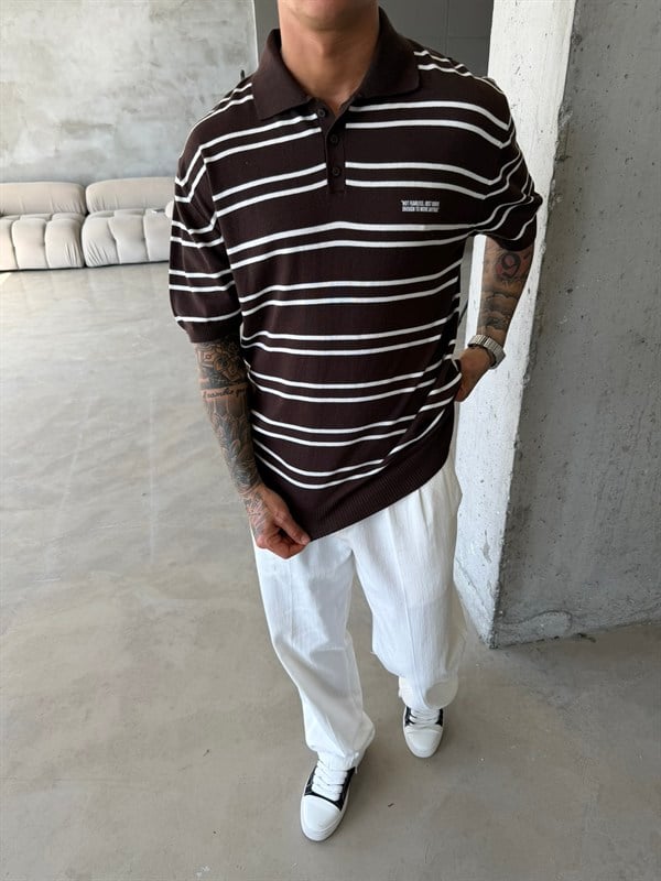 Premium Cizgili  Düğmeli Yaka T-Shirt - Kahve