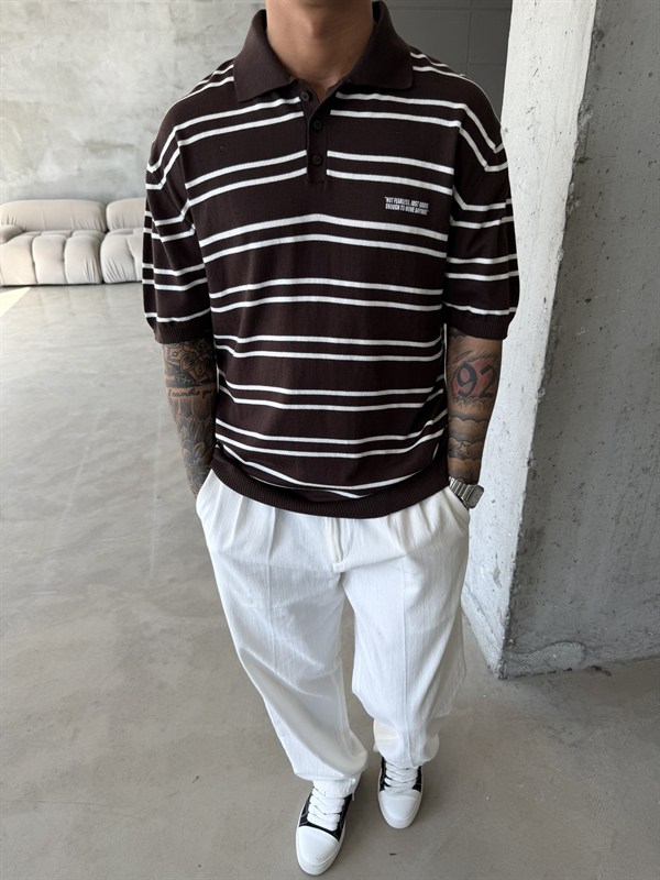 Premium Cizgili  Düğmeli Yaka T-Shirt - Kahve