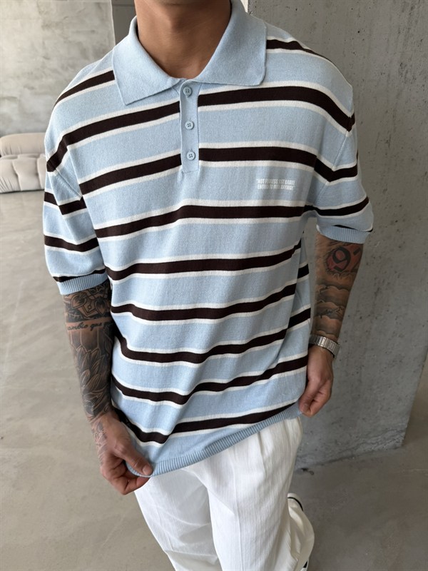 Premium Cizgili  Düğmeli Yaka T-Shirt - Mavi