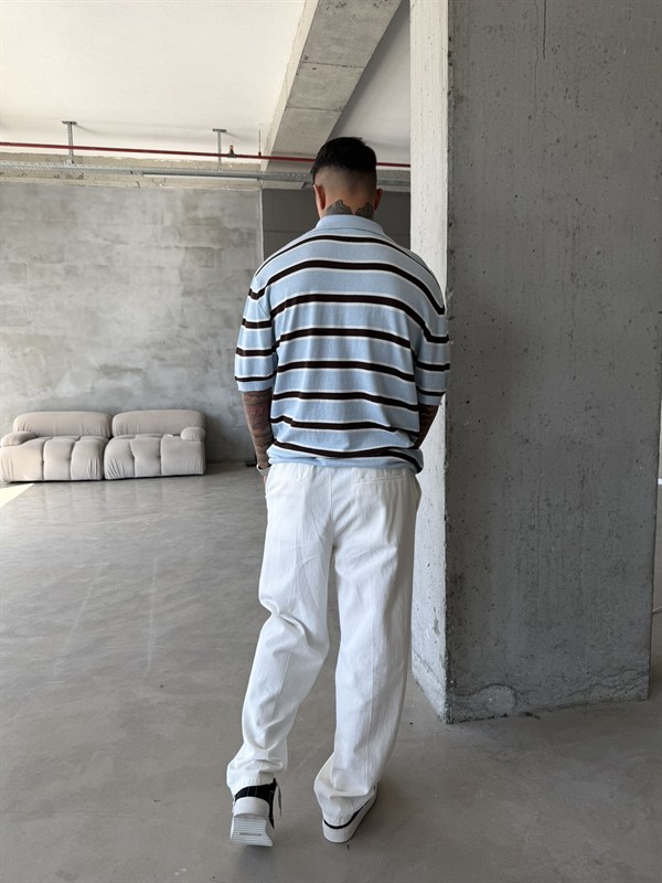 Premium Cizgili  Düğmeli Yaka T-Shirt - Mavi