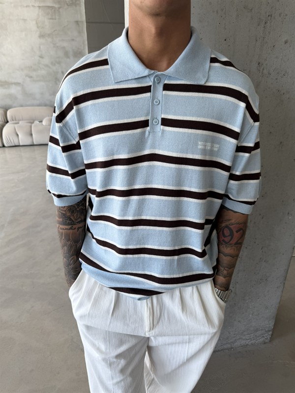 Premium Cizgili  Düğmeli Yaka T-Shirt - Mavi