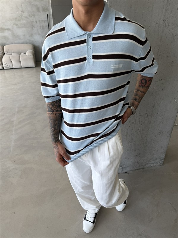 Premium Cizgili  Düğmeli Yaka T-Shirt - Mavi