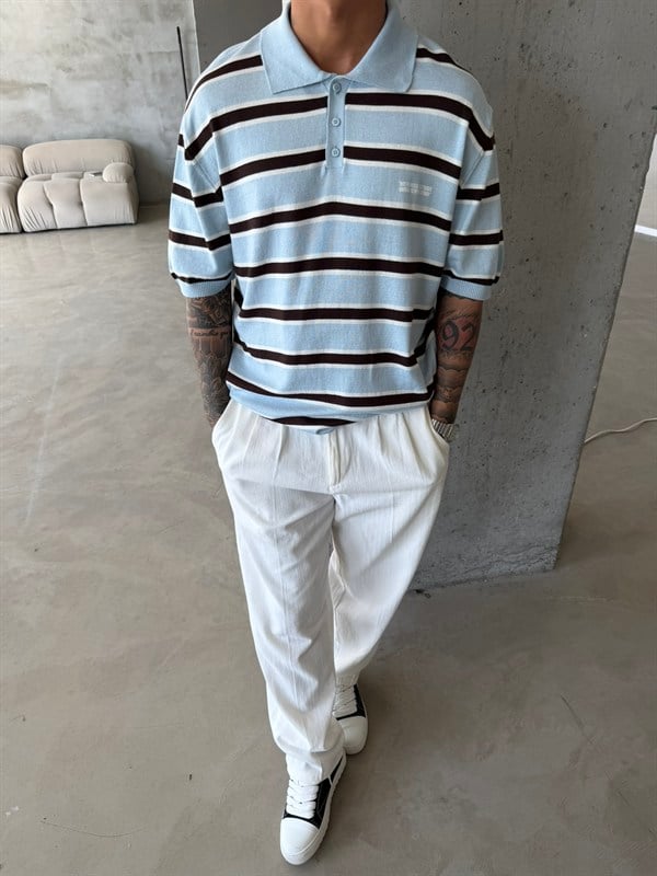 Premium Cizgili  Düğmeli Yaka T-Shirt - Mavi