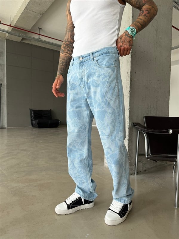 Premium Desenli Baggy Pantolon - Mavi