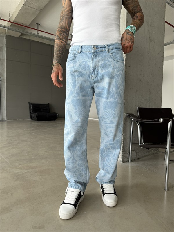 Premium Desenli Baggy Pantolon - Mavi