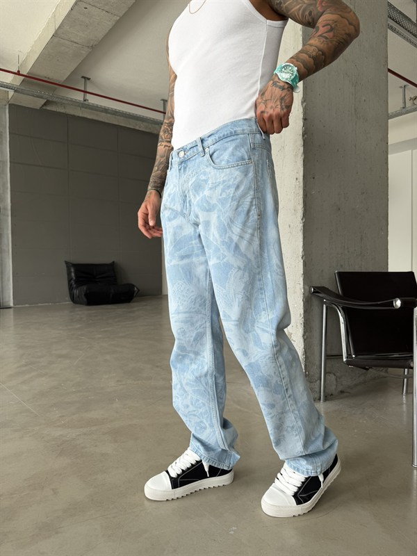 Premium Desenli Baggy Pantolon - Mavi