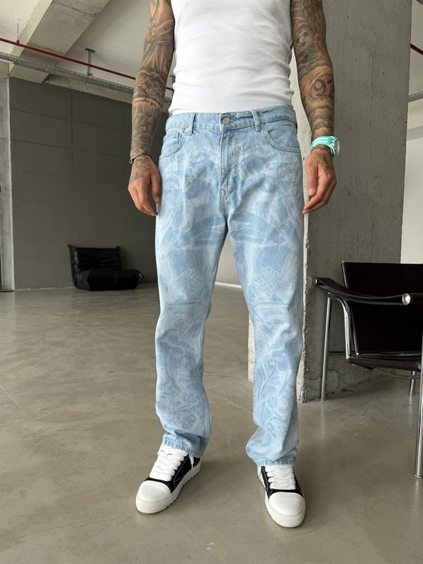 Premium Desenli Baggy Pantolon - Mavi