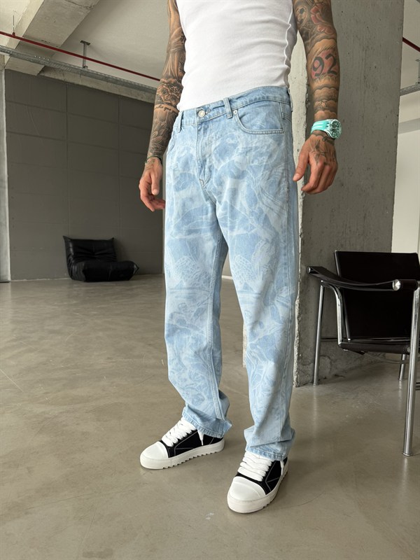 Premium Desenli Baggy Pantolon - Mavi