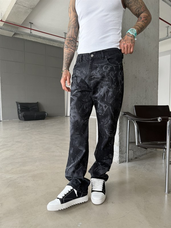 Premium Desenli Baggy Pantolon - Siyah