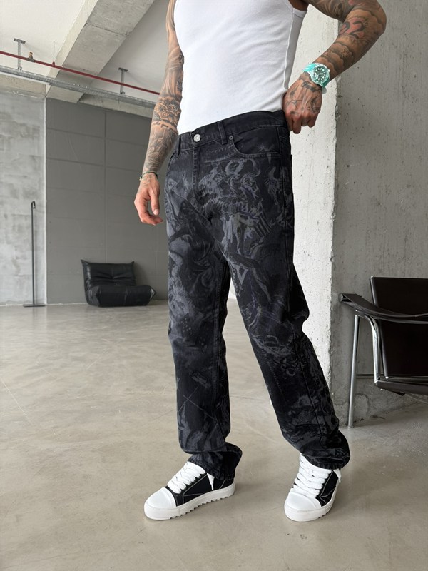 Premium Desenli Baggy Pantolon - Siyah