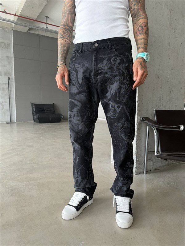Premium Desenli Baggy Pantolon - Siyah