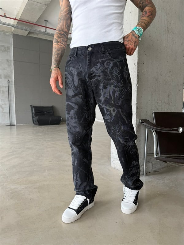 Premium Desenli Baggy Pantolon - Siyah