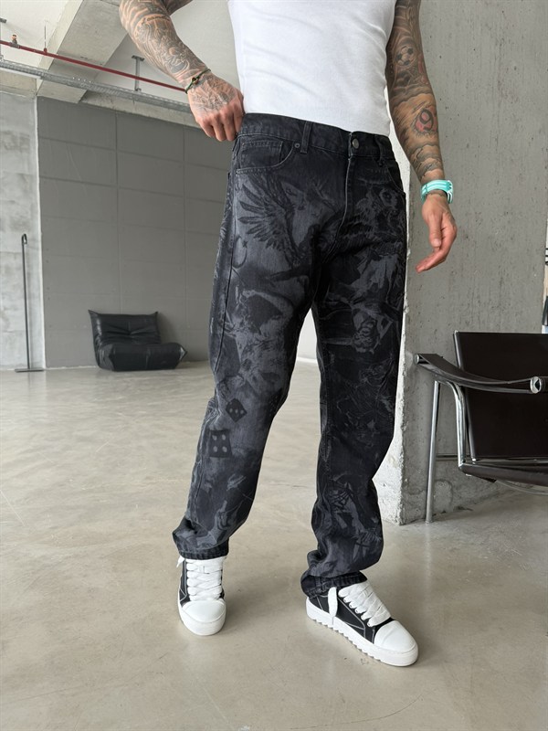 Premium Desenli Baggy Pantolon - Siyah